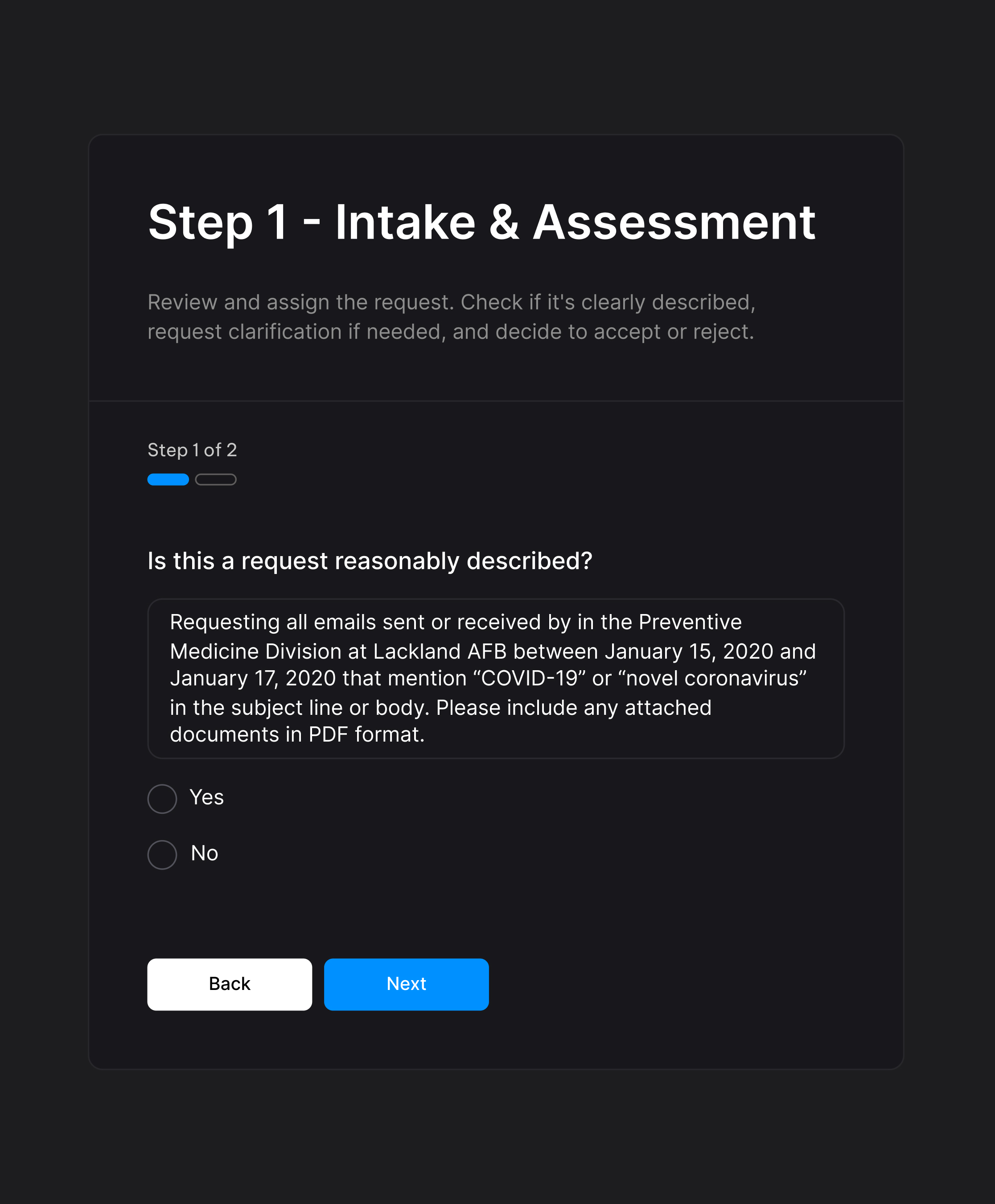 Guided intake form in ICM