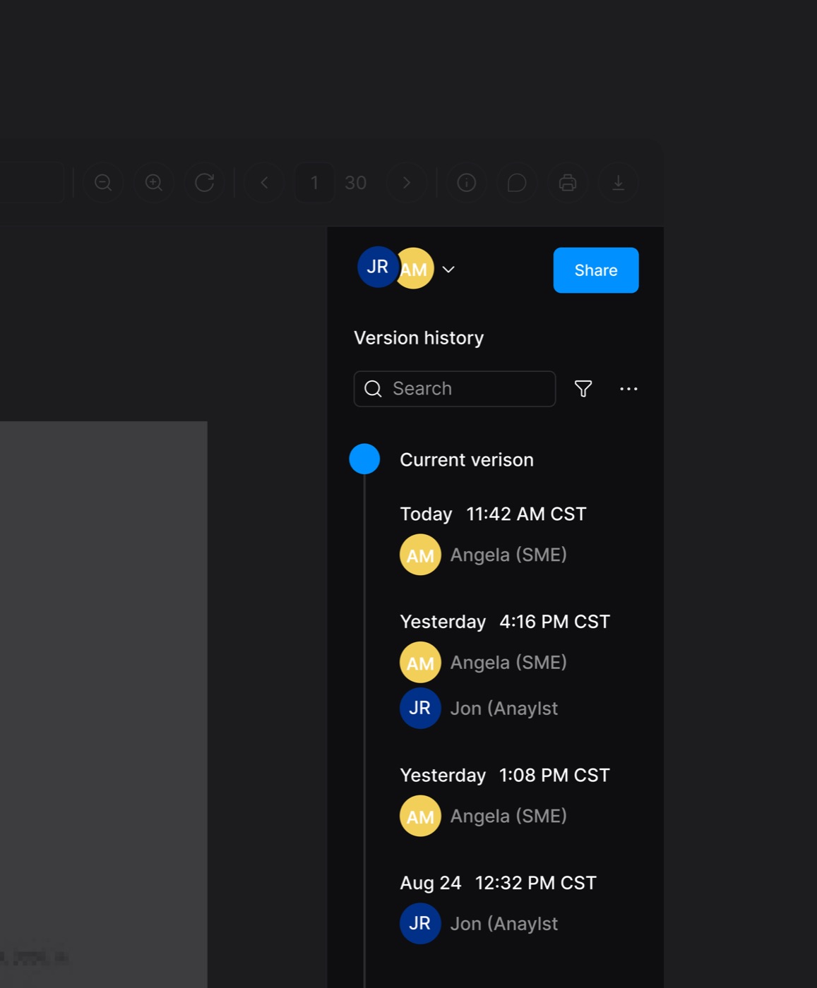 Activity history panel showing version and review progress for a document
