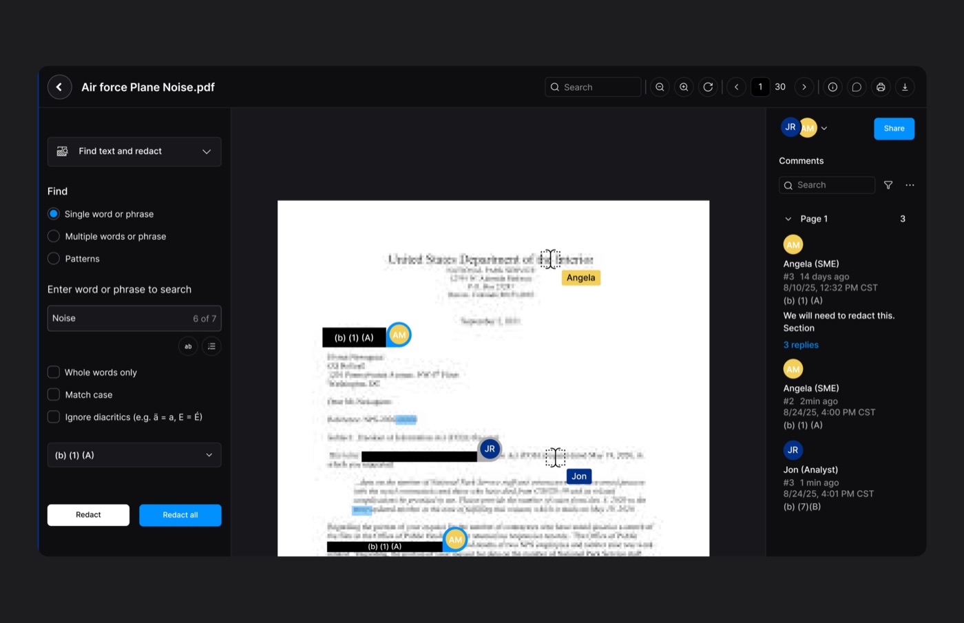 Two reviewers redacting the same document at once, with live cursors and comments visible