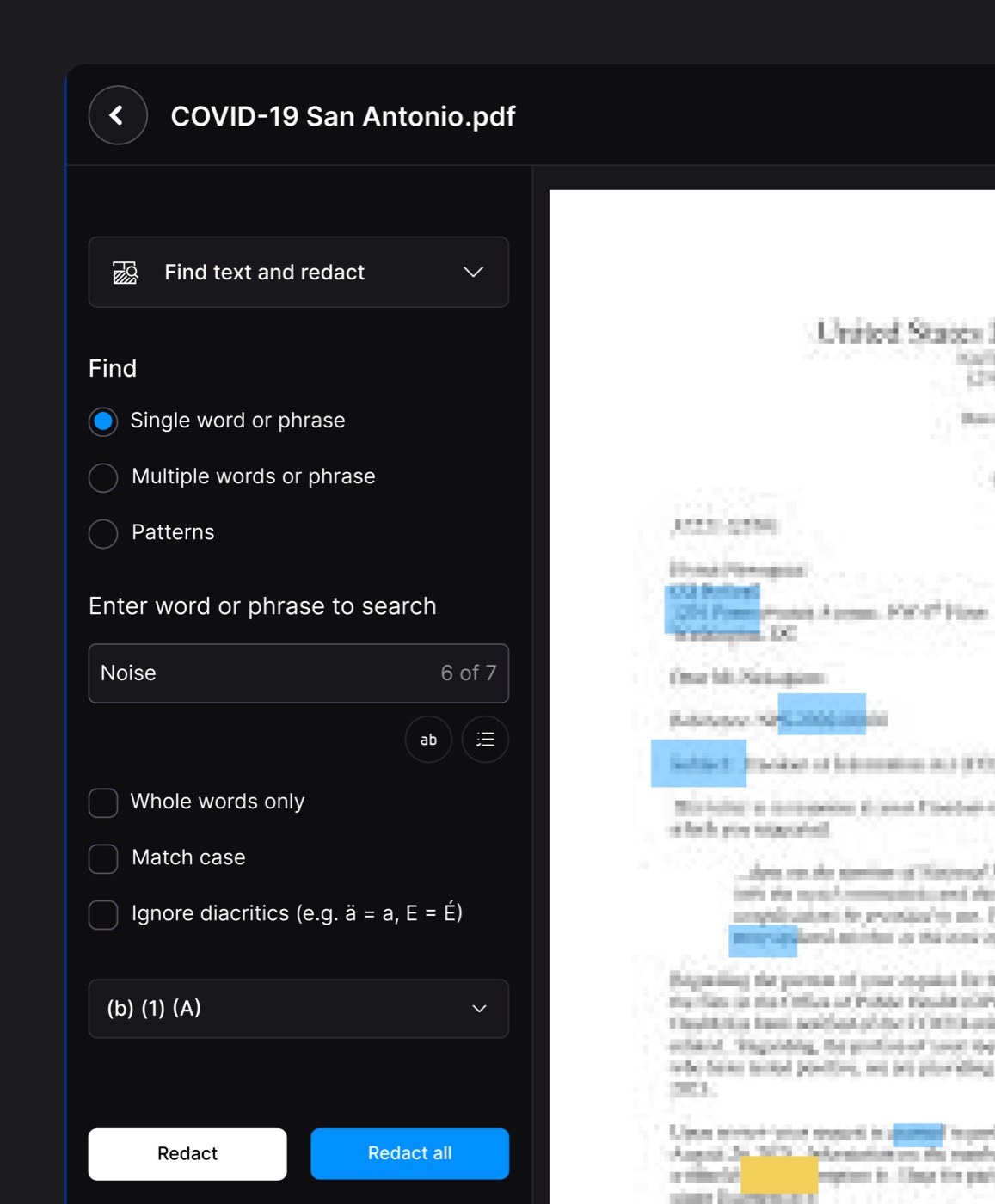 Find-and-redact search across a document, matching every instance of a term