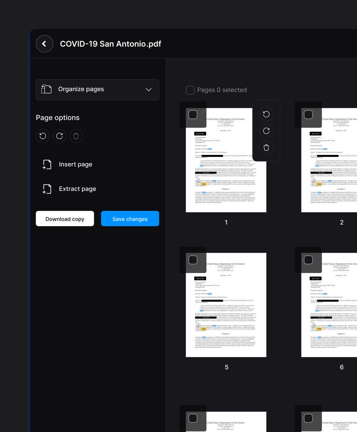 Page-management view merging and reordering documents before a bulk redaction run